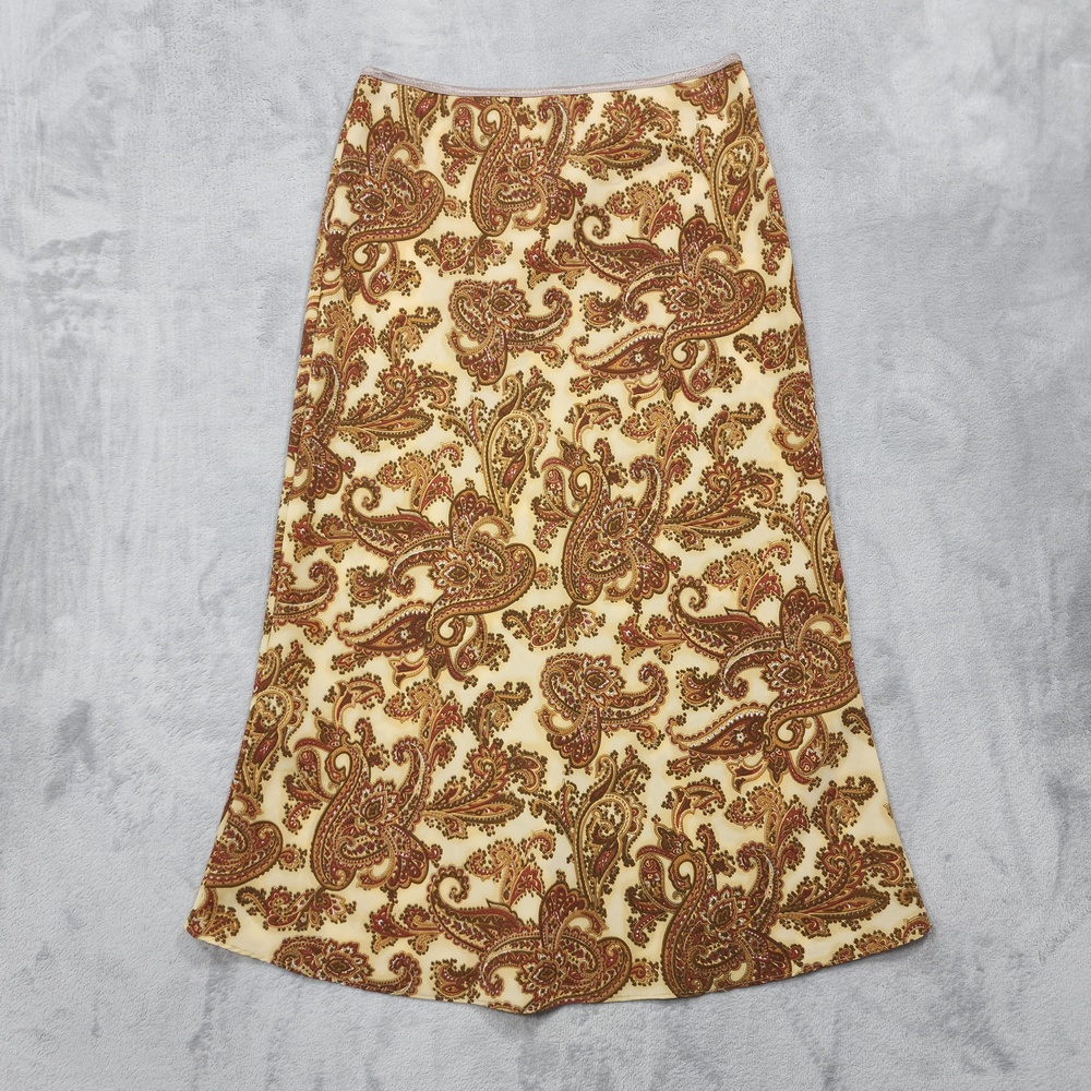Vintage OBOE Skirt Womens M Brown Paisley A-Line Midi Pull On Boho Casual Boho